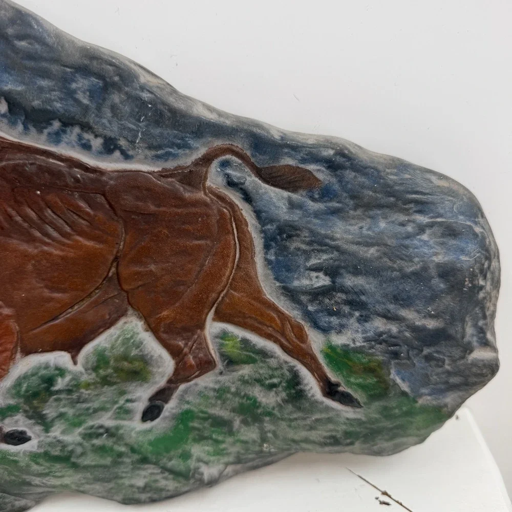 VTG Painted Buffalo Bison Relief Wall Plaque 9x5 Hand Painted Plaster Art Decor